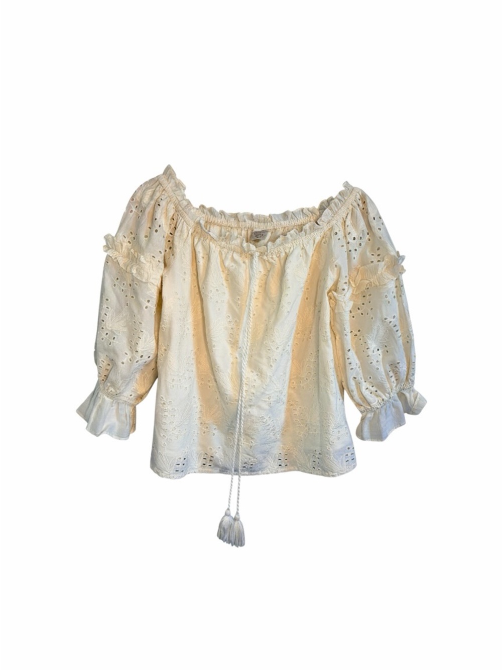 Seen Worn Kept 100% Cotton Eyelet Peasant Blouse | Off Shoulder Boho Cottagecore